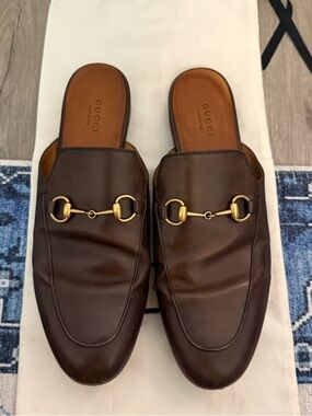Gucci Princetown Slides Dark Brown Leather Gold Hardware 39